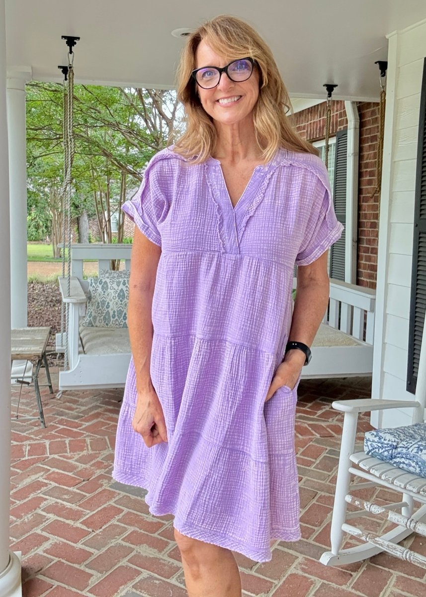 Pammie Gauze Raw Edge Dress - Lavender - Casual Dress - Jimberly's Boutique - Olive Branch - Mississippi