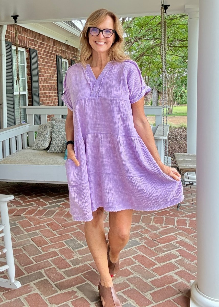 Pammie Gauze Raw Edge Dress - Lavender Jimberly's Boutique Pammie Gauze Raw Edge Dress - Lavender Jimberly's Boutique