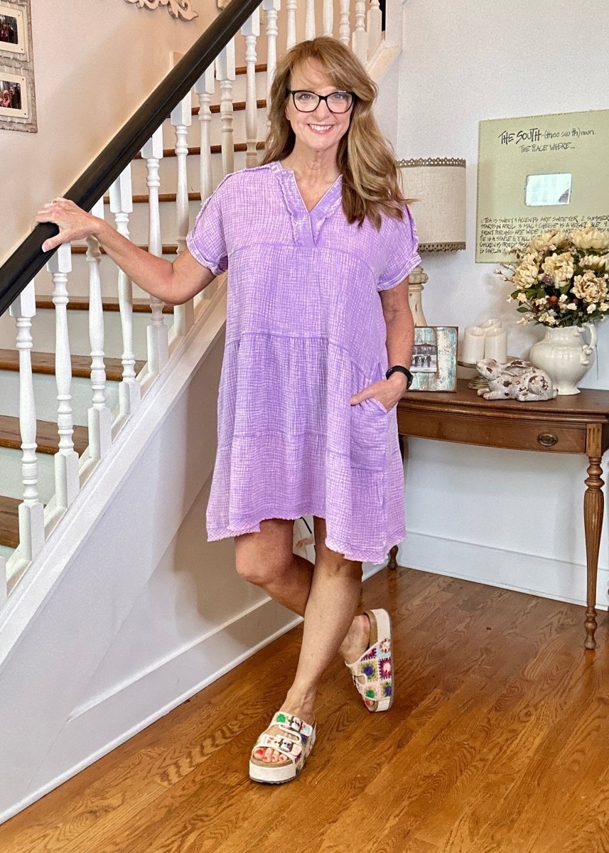 Pammie Gauze Raw Edge Dress - Lavender - Casual Dress - Jimberly's Boutique - Olive Branch - Mississippi