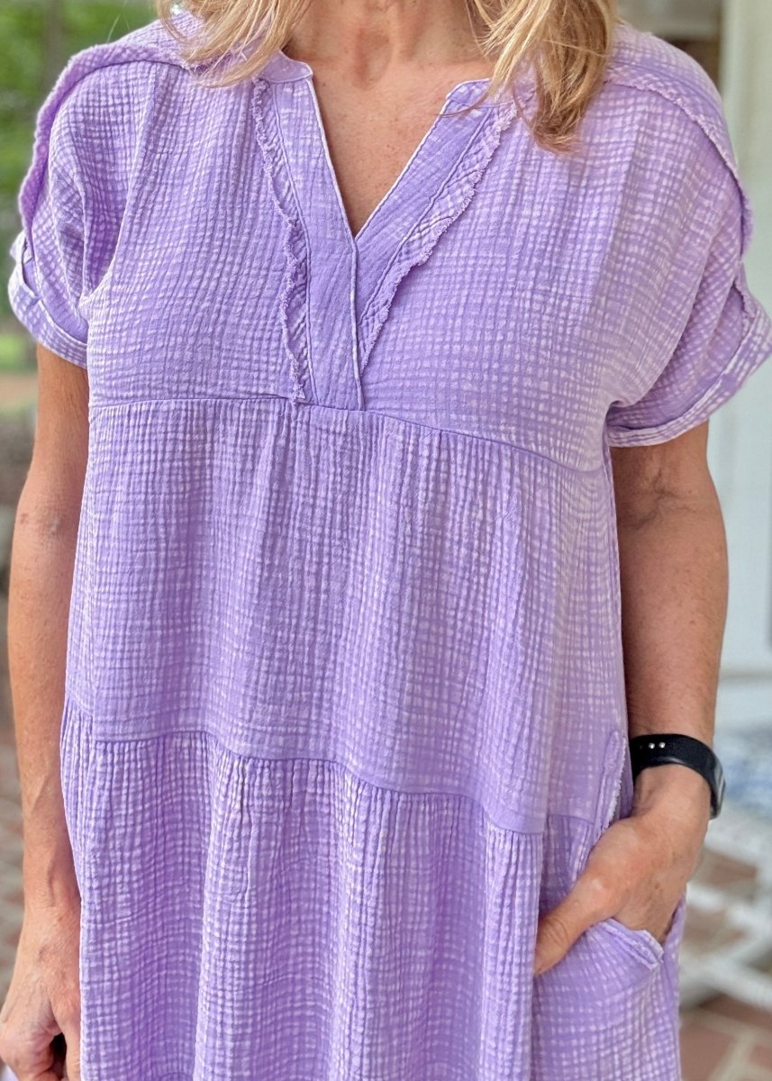 Pammie Gauze Raw Edge Dress - Lavender - Casual Dress - Jimberly's Boutique - Olive Branch - Mississippi