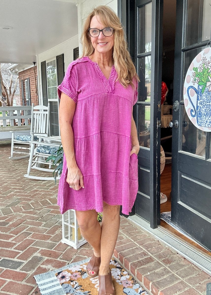 Pammie Gauze Raw Edge Dress - Lt Plum - Casual Dress - Jimberly's Boutique - Olive Branch - Mississippi