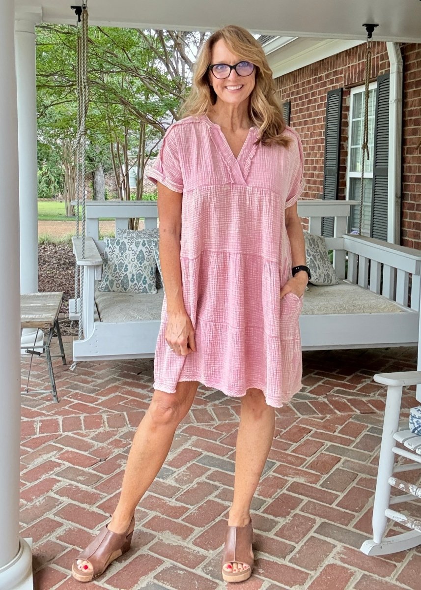 Pammie Gauze Raw Edge Dress - Lt Rose - Casual Dress - Jimberly's Boutique - Olive Branch - Mississippi