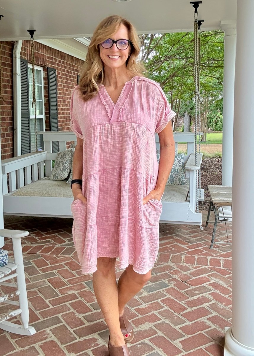 Pammie Gauze Raw Edge Dress - Lt Rose - Casual Dress - Jimberly's Boutique - Olive Branch - Mississippi