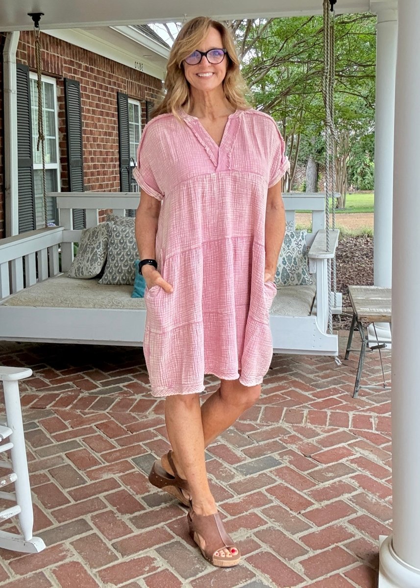 Pammie Gauze Raw Edge Dress - Lt Rose - Casual Dress - Jimberly's Boutique - Olive Branch - Mississippi