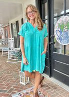 Pammie Gauze Raw Edge Dress - Turquoise - Casual Dress - Jimberly's Boutique - Olive Branch - Mississippi