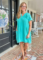 Pammie Gauze Raw Edge Dress - Turquoise - Casual Dress - Jimberly's Boutique - Olive Branch - Mississippi