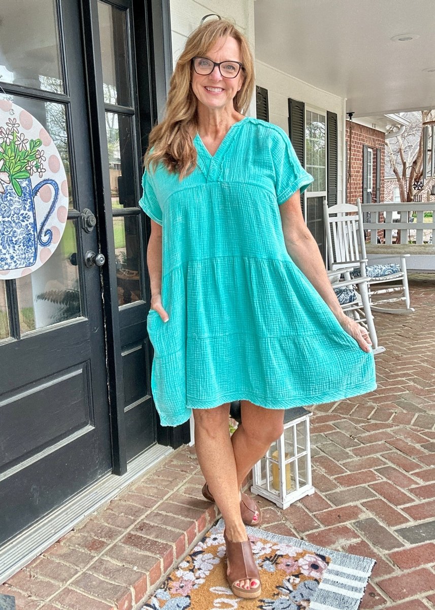 Pammie Gauze Raw Edge Dress - Turquoise - Casual Dress - Jimberly's Boutique - Olive Branch - Mississippi