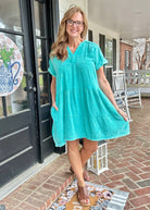 Pammie Gauze Raw Edge Dress - Turquoise - Casual Dress - Jimberly's Boutique - Olive Branch - Mississippi