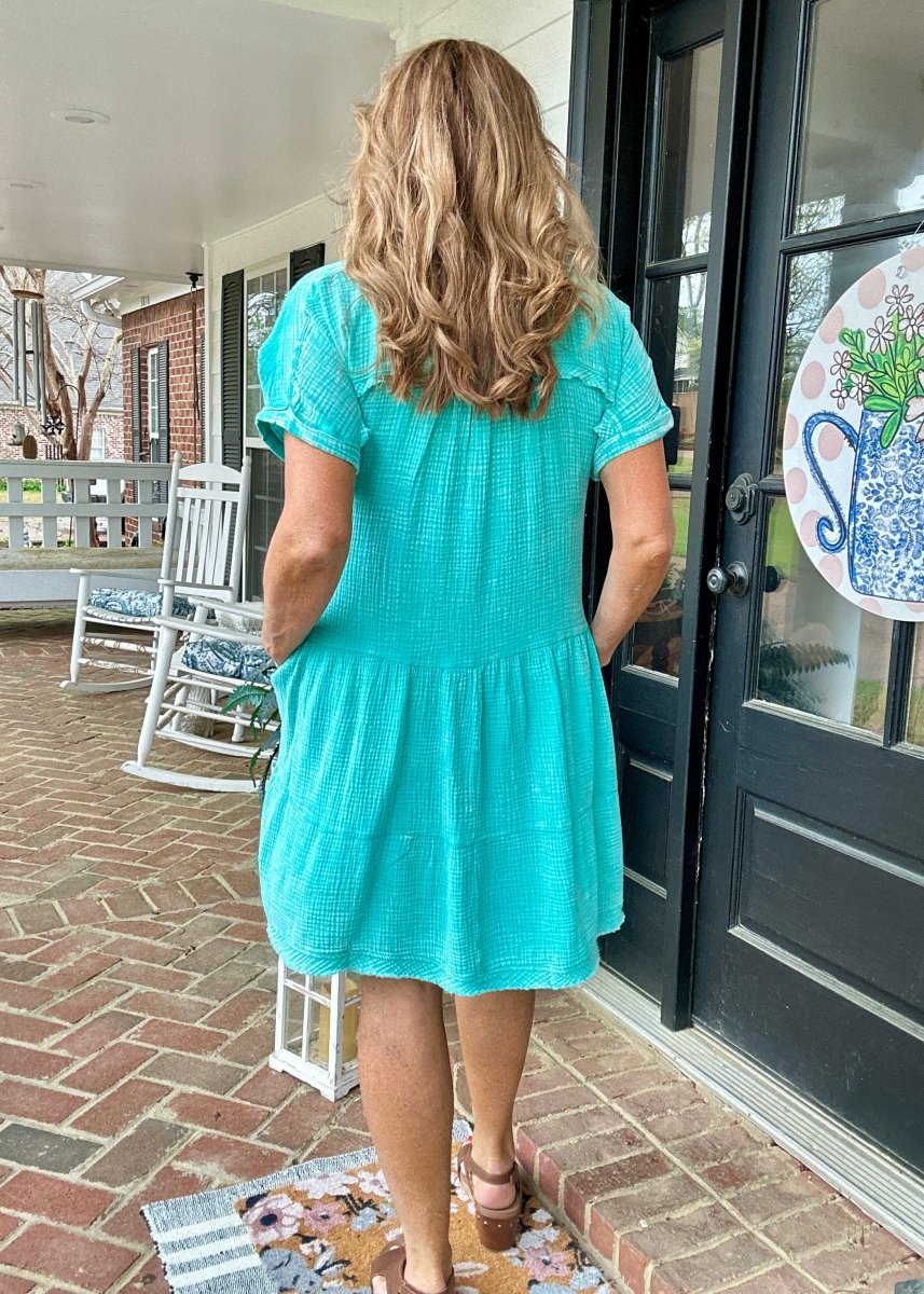 Pammie Gauze Raw Edge Dress - Turquoise - Casual Dress - Jimberly's Boutique - Olive Branch - Mississippi