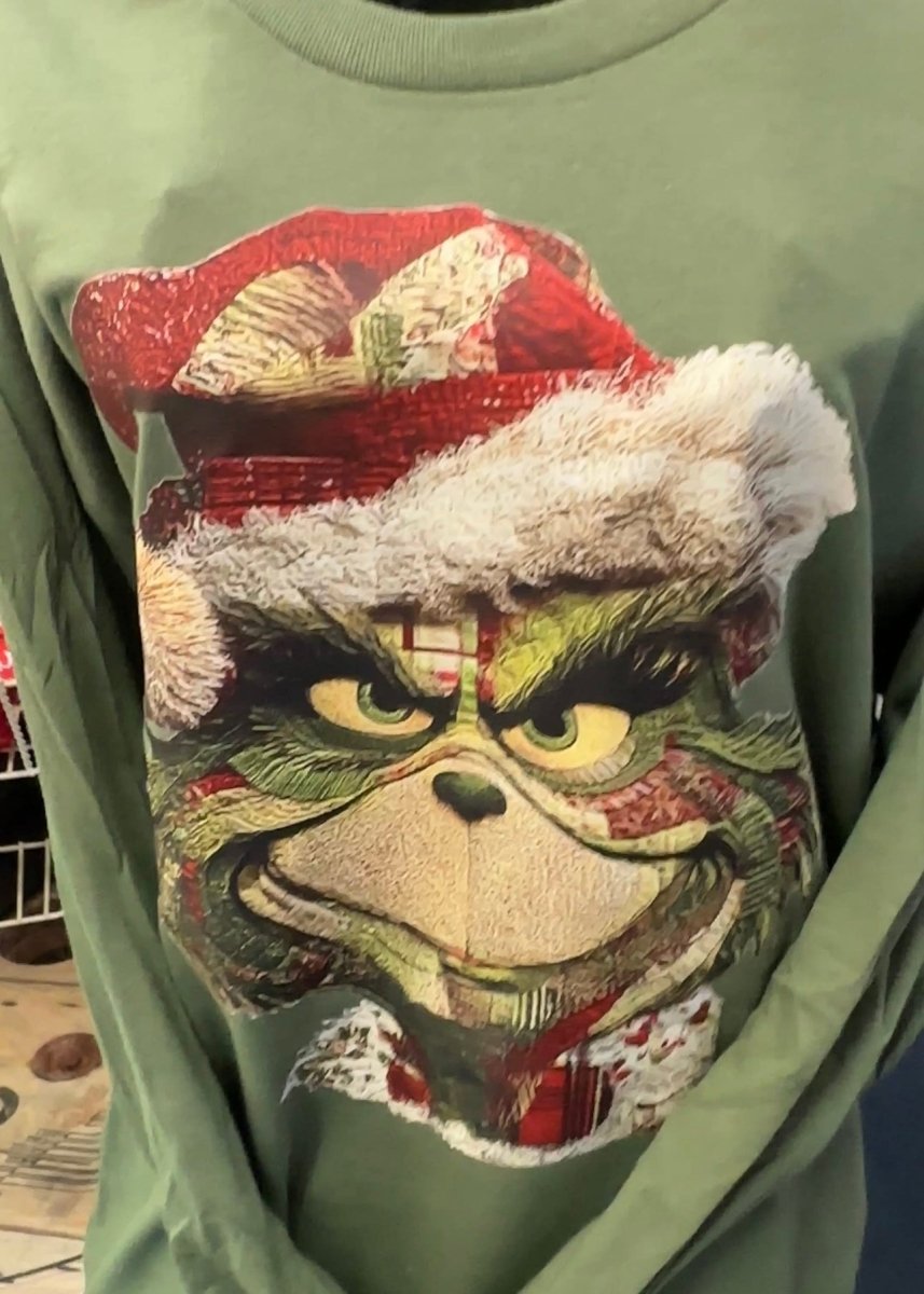 Patchwork Grinch Long Sleeve - Long Sleeve Graphic Tee - Jimberly's Boutique - Olive Branch - Mississippi