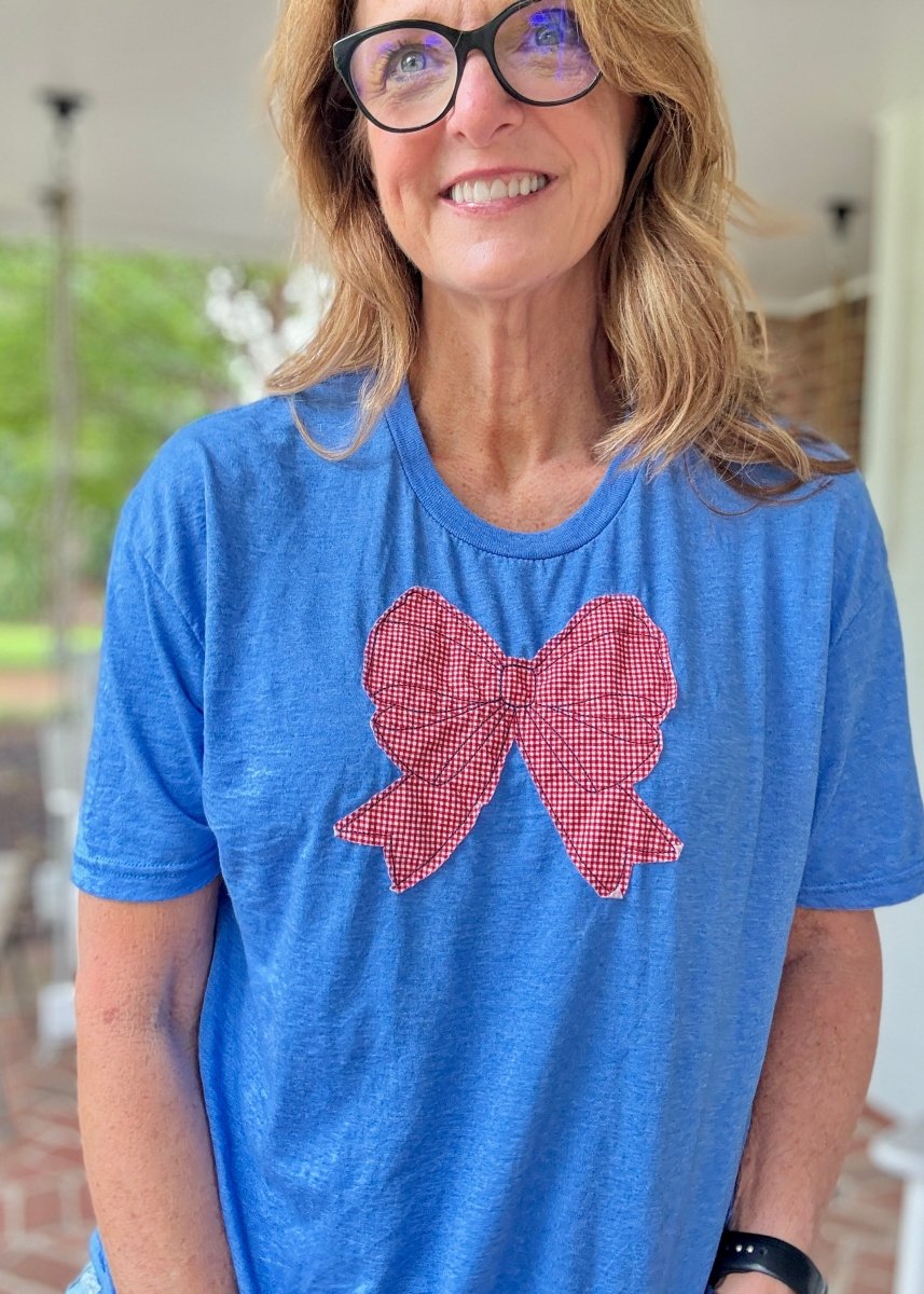 Patriotic Vintage Bow Applique' T Shirt - Heather Royal | Gildan Softstyle - casual t shirt - Jimberly's Boutique - Olive Branch - Mississippi