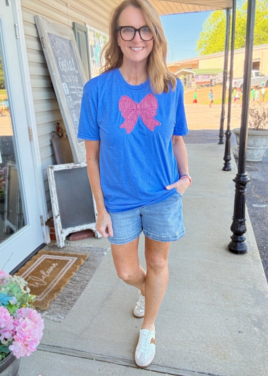 Patriotic Vintage Bow Applique' T Shirt - Heather Royal | Gildan Softstyle - casual t shirt - Jimberly's Boutique - Olive Branch - Mississippi