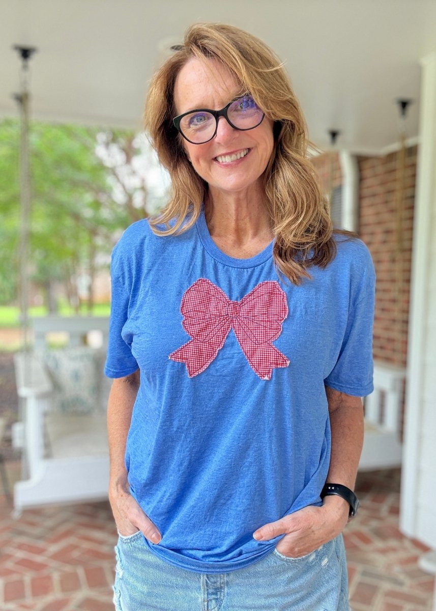 Patriotic Vintage Bow Applique' T Shirt - Heather Royal | Gildan Softstyle - casual t shirt - Jimberly's Boutique - Olive Branch - Mississippi