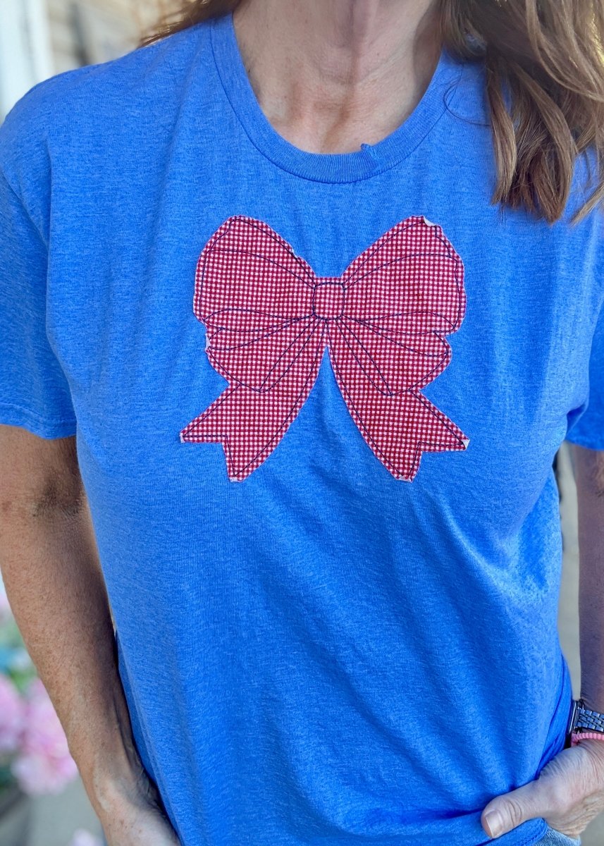 Patriotic Vintage Bow Applique' T Shirt - Heather Royal | Gildan Softstyle - casual t shirt - Jimberly's Boutique - Olive Branch - Mississippi