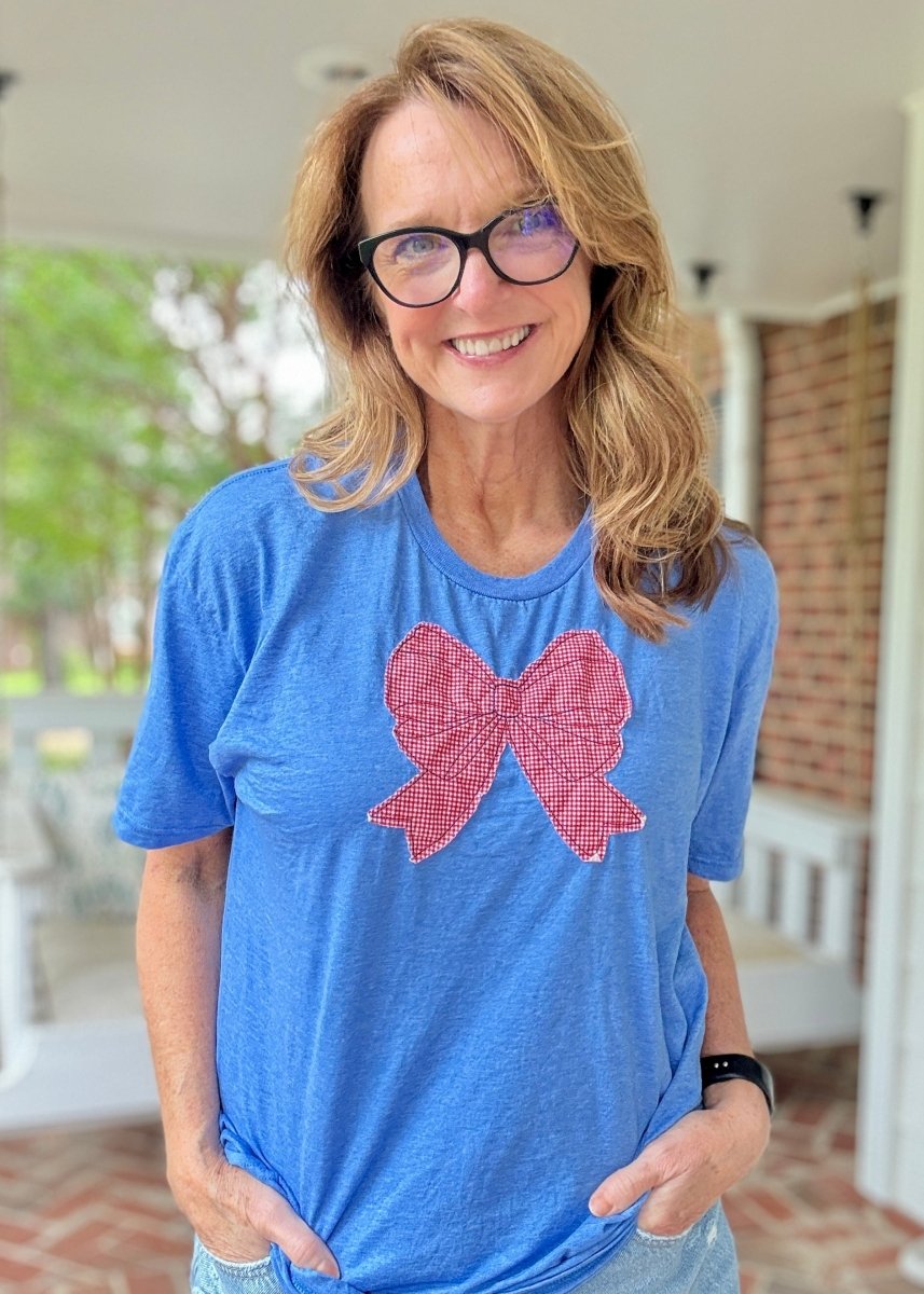Patriotic Vintage Bow Applique' T Shirt - Heather Royal | Gildan Softstyle - casual t shirt - Jimberly's Boutique - Olive Branch - Mississippi