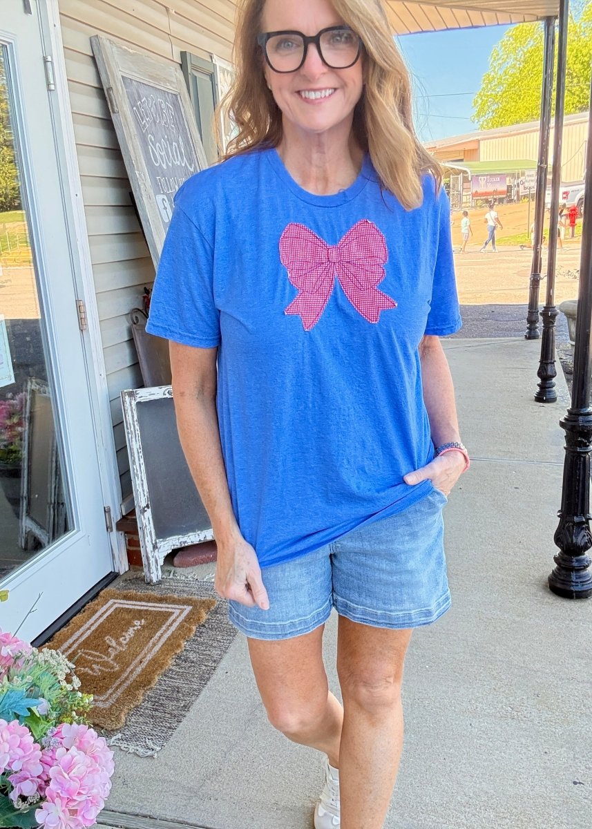 Patriotic Vintage Bow Applique' T Shirt - Heather Royal | Gildan Softstyle - casual t shirt - Jimberly's Boutique - Olive Branch - Mississippi
