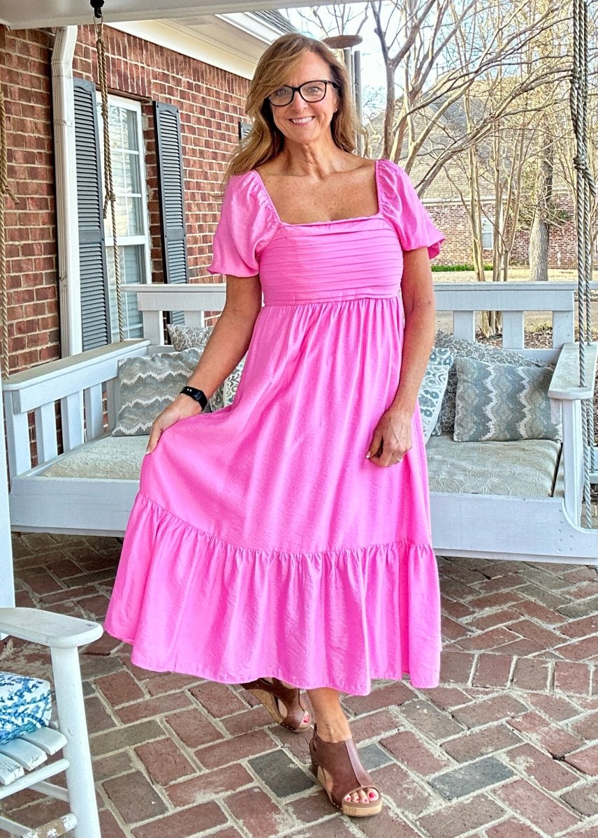 Pink Pleated Empire Waist Midi Dress - dress - Jimberly's Boutique - Olive Branch - Mississippi