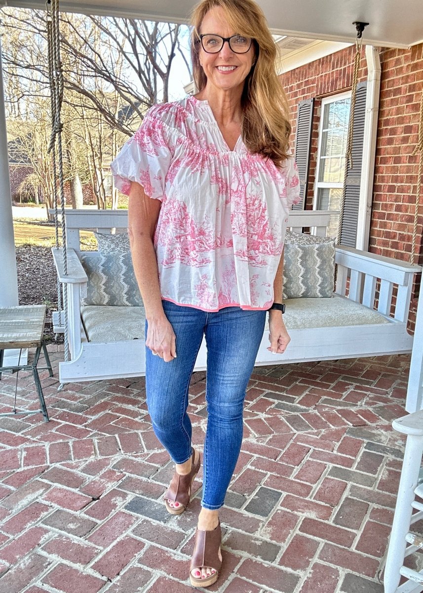 Pink Toile Print Shirring Top | Umgee - Casual Top - Jimberly's Boutique - Olive Branch - Mississippi