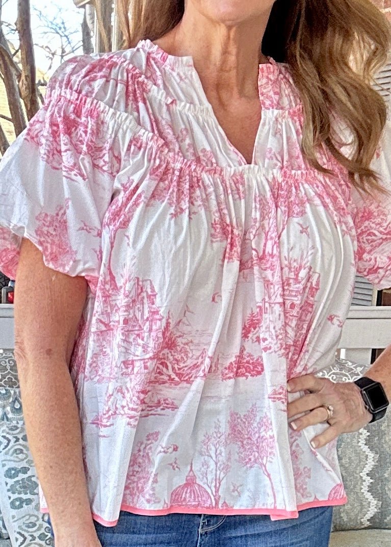 Pink Toile Print Shirring Top | Umgee - Casual Top - Jimberly's Boutique - Olive Branch - Mississippi