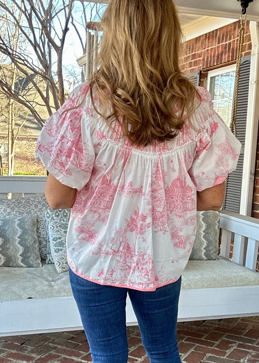 Pink Toile Print Shirring Top | Umgee - Casual Top - Jimberly's Boutique - Olive Branch - Mississippi