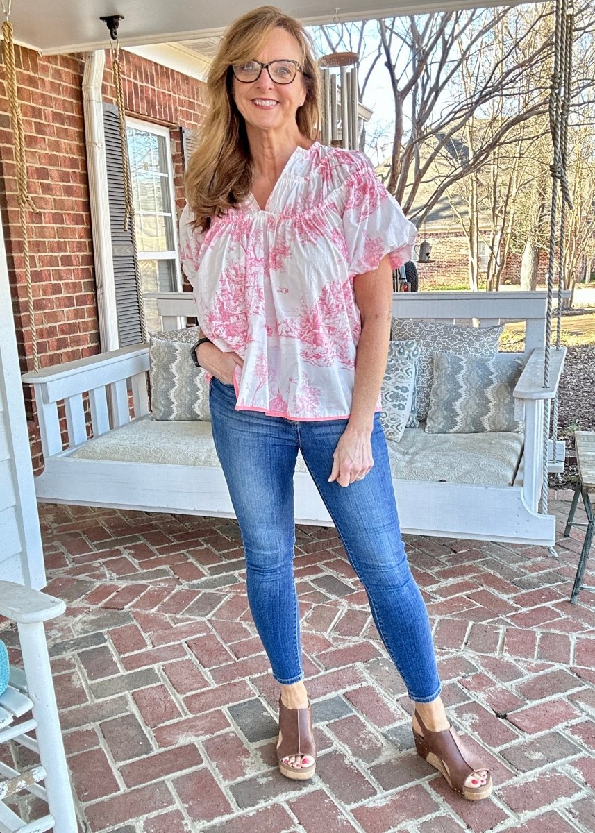 Pink Toile Print Shirring Top | Umgee - Casual Top - Jimberly's Boutique - Olive Branch - Mississippi