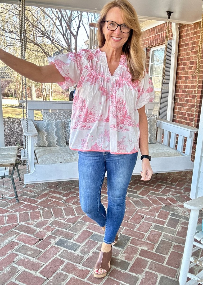 Pink Toile Print Shirring Top | Umgee - Casual Top - Jimberly's Boutique - Olive Branch - Mississippi