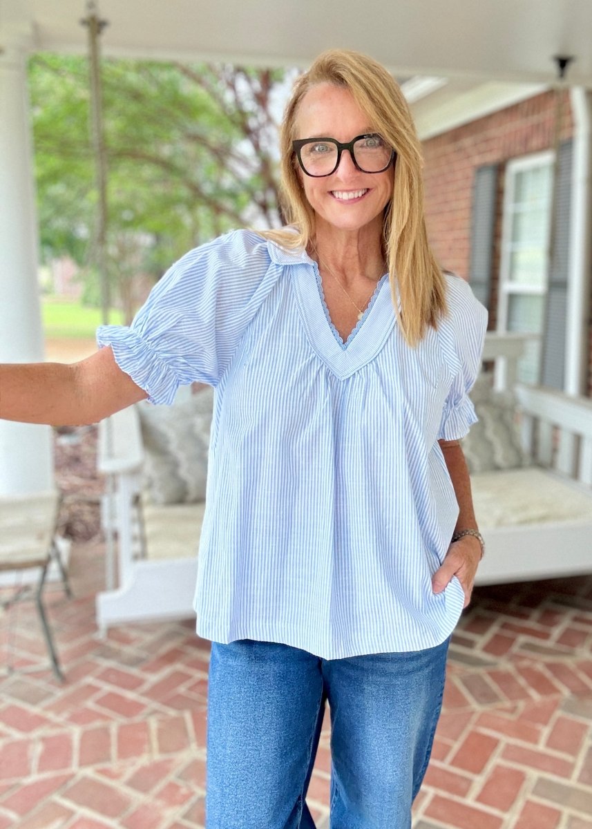 Pinstripe V-Neck Ruffle Sleeve Top - Blue | Umgee - Umgee Top -Jimberly's Boutique-Olive Branch-Mississippi