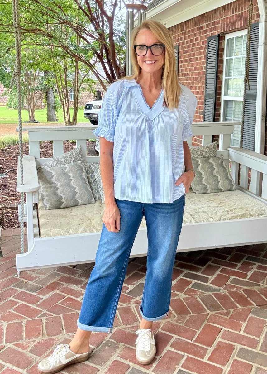 Pinstripe V-Neck Ruffle Sleeve Top - Blue | Umgee - Umgee Top -Jimberly's Boutique-Olive Branch-Mississippi