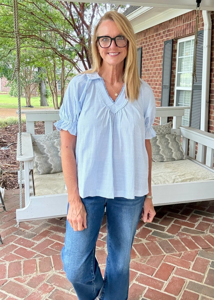 Pinstripe V-Neck Ruffle Sleeve Top - Blue | Umgee - Umgee Top -Jimberly's Boutique-Olive Branch-Mississippi