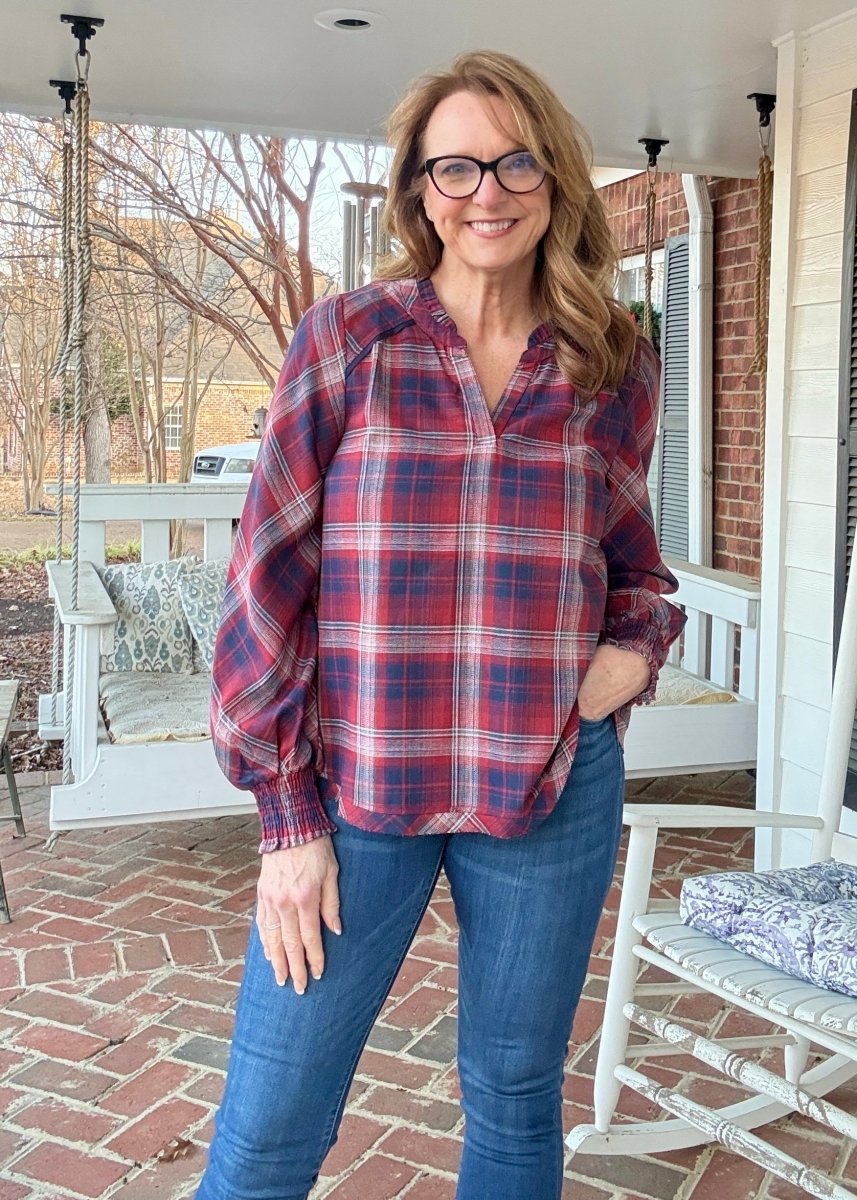 Plaid Long Sleeve Top - Red Mix - Umgee Top - Jimberly's Boutique - Olive Branch - Mississippi