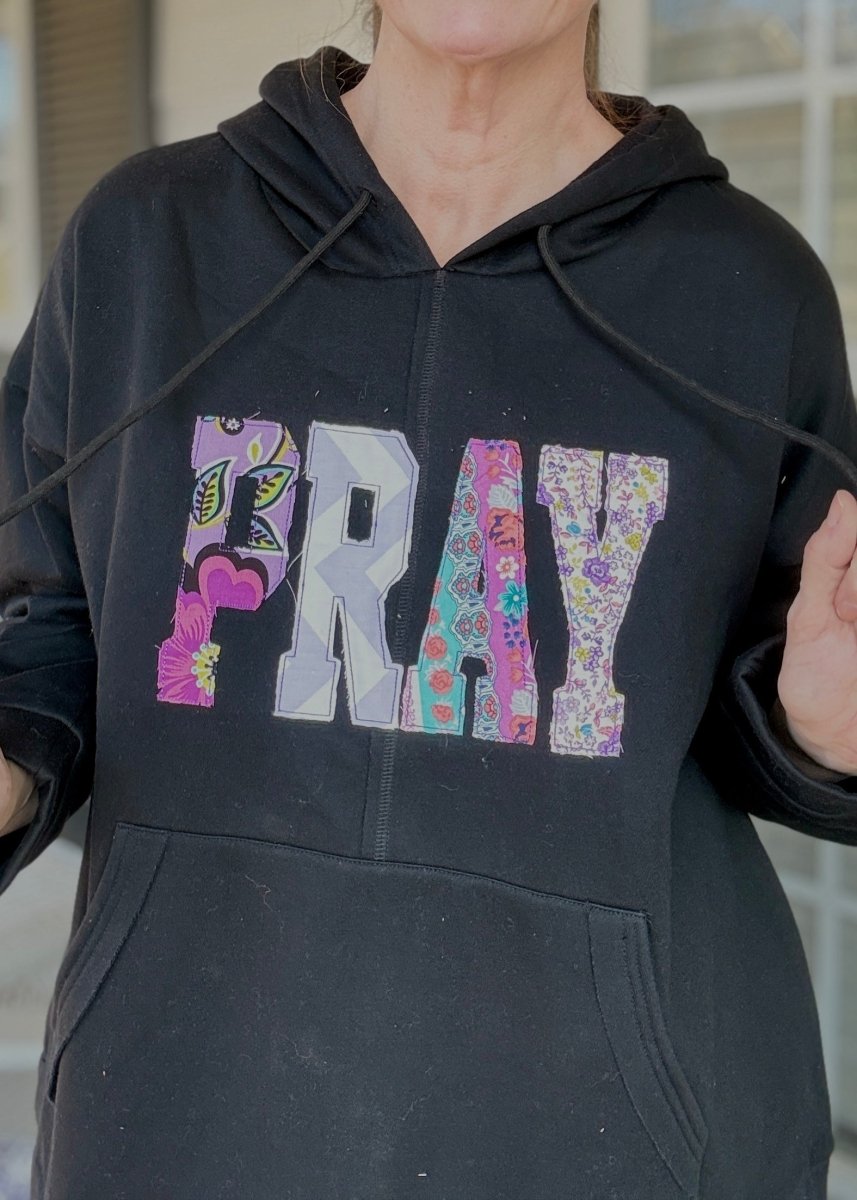 PRAY Appliqué French Terry Hooded Pullover - Black - Casual Sweatshirt - Jimberly's Boutique - Olive Branch - Mississippi