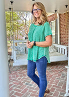 Rachel Washed Waffle Short Sleeve Top - Kelly Green - Casual Top - Jimberly's Boutique - Olive Branch - Mississippi