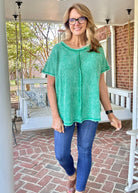 Rachel Washed Waffle Short Sleeve Top - Kelly Green - Casual Top - Jimberly's Boutique - Olive Branch - Mississippi