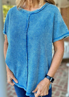 Rachel Washed Waffle Short Sleeve Top - Ocean Blue - Casual Top - Jimberly's Boutique - Olive Branch - Mississippi