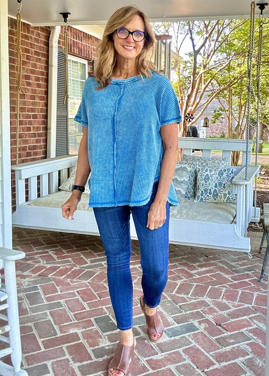 Rachel Washed Waffle Short Sleeve Top - Ocean Blue - Casual Top - Jimberly's Boutique - Olive Branch - Mississippi