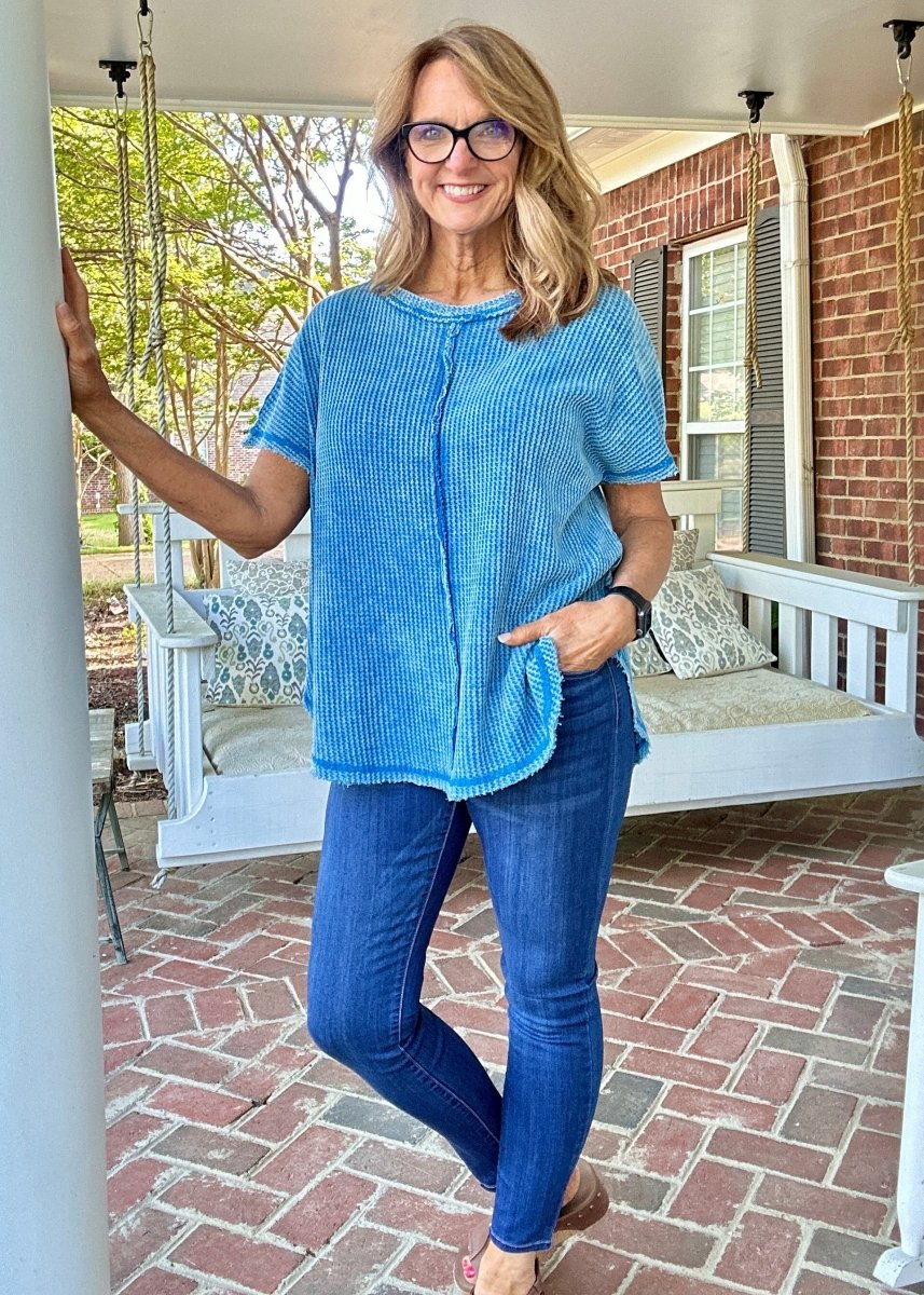 Rachel Washed Waffle Short Sleeve Top - Ocean Blue - Casual Top - Jimberly's Boutique - Olive Branch - Mississippi