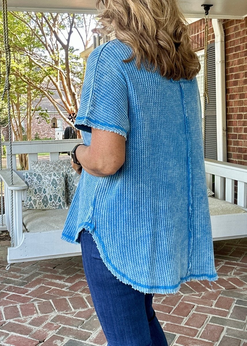 Rachel Washed Waffle Short Sleeve Top - Ocean Blue - Casual Top - Jimberly's Boutique - Olive Branch - Mississippi