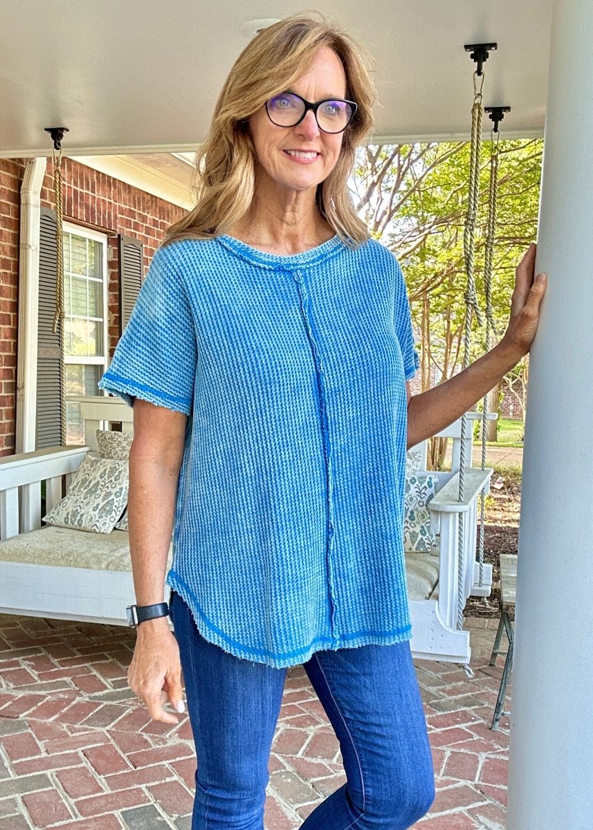 Rachel Washed Waffle Short Sleeve Top - Ocean Blue - Casual Top - Jimberly's Boutique - Olive Branch - Mississippi