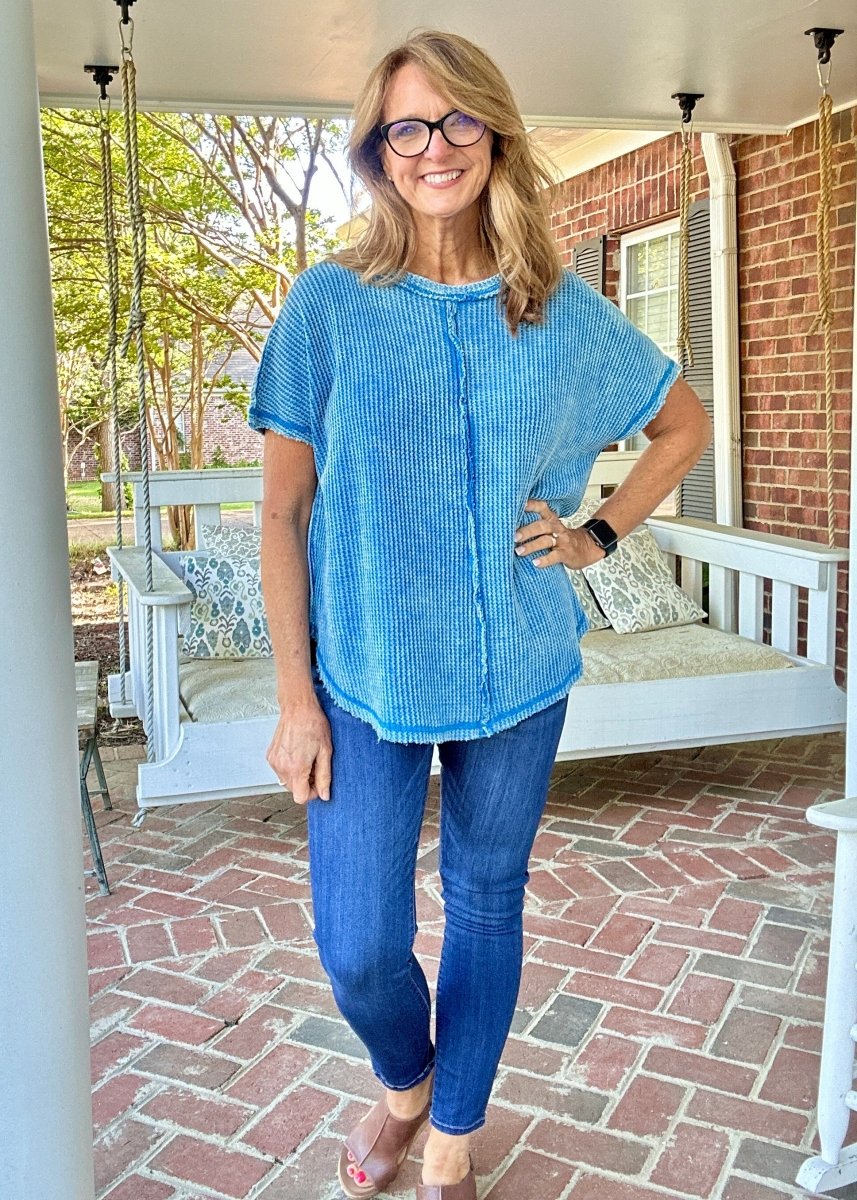 Rachel Washed Waffle Short Sleeve Top - Ocean Blue - Casual Top - Jimberly's Boutique - Olive Branch - Mississippi