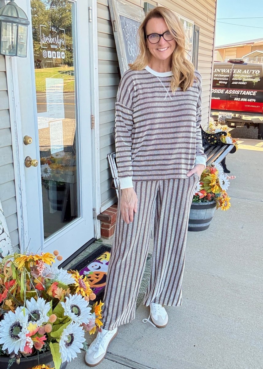 Raised Rib Striped Pants Set - Espresso - Jimberly's Boutique-Olive Branch-Mississippi