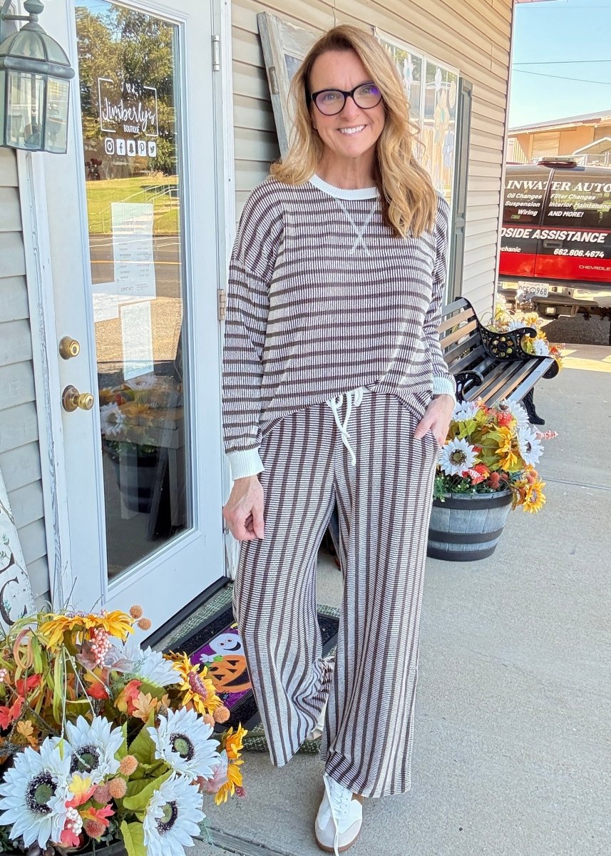 Raised Rib Striped Pants Set - Espresso - Jimberly's Boutique-Olive Branch-Mississippi