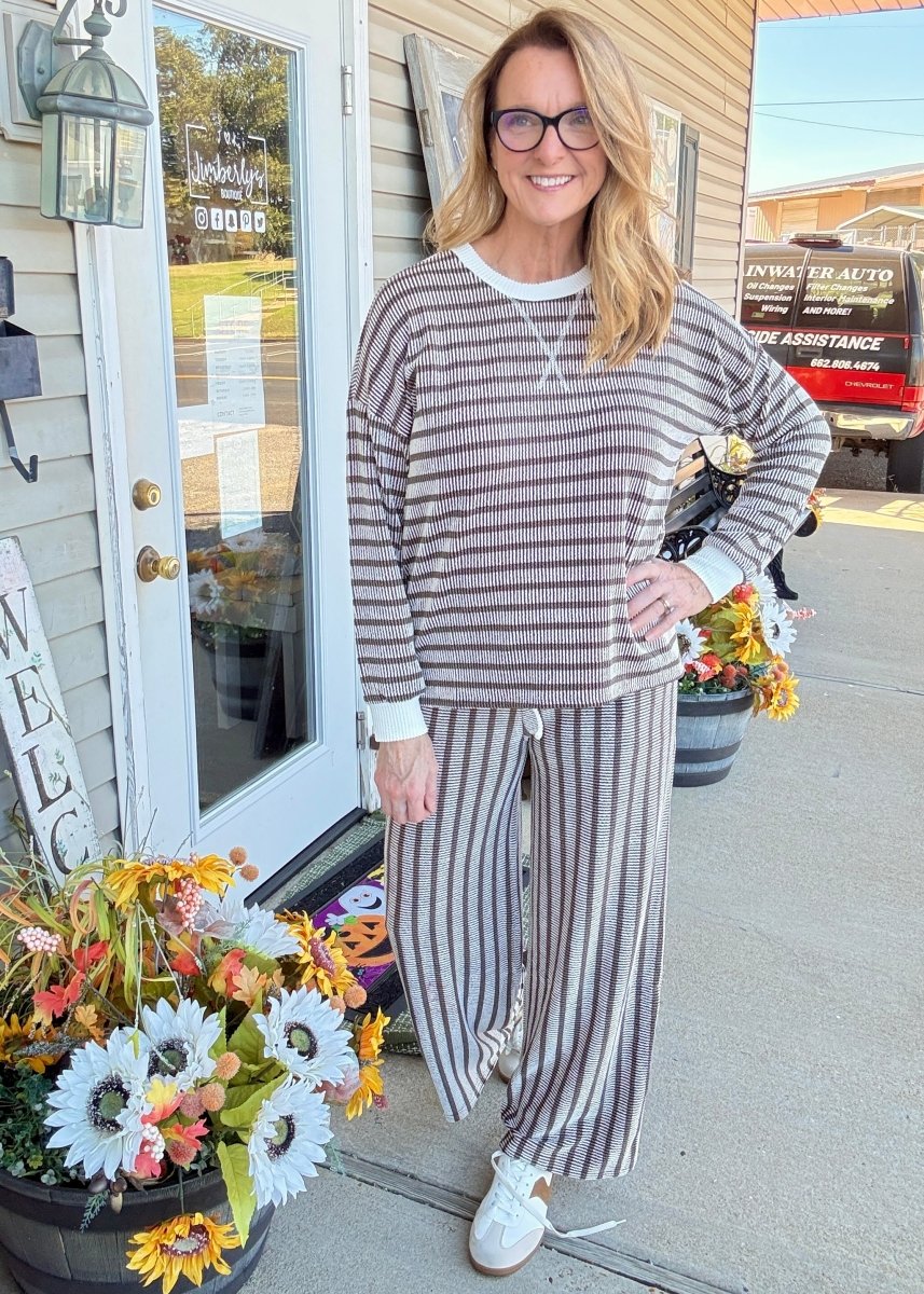 Raised Rib Striped Pants Set - Espresso - Jimberly's Boutique-Olive Branch-Mississippi