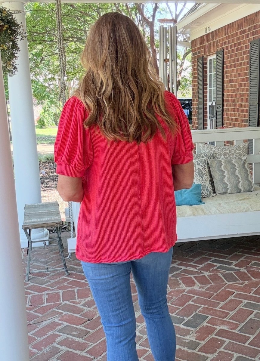 Red Raised Rib Puff Sleeve Top - Zenana Casual Top -Jimberly's Boutique-Olive Branch-Mississippi