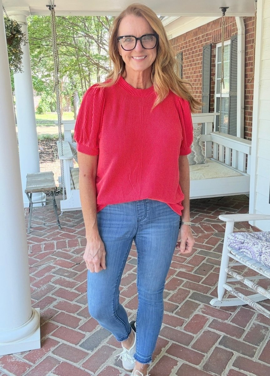 Red Raised Rib Puff Sleeve Top - Zenana Casual Top -Jimberly's Boutique-Olive Branch-Mississippi