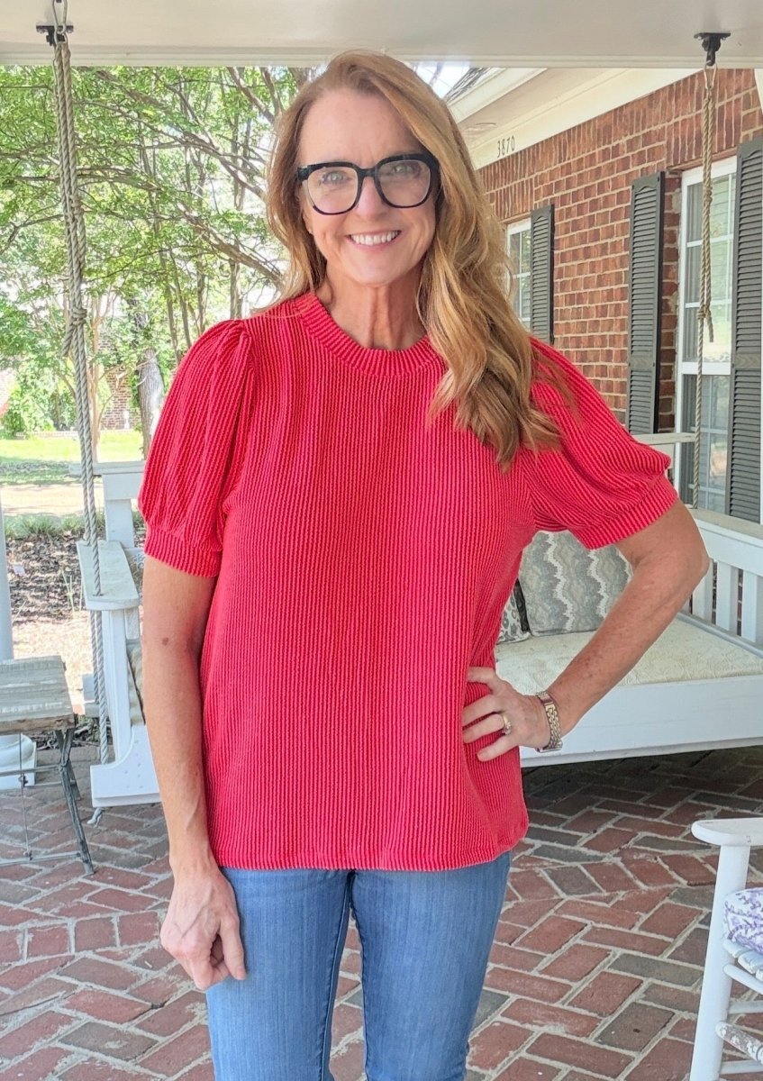 Red Raised Rib Puff Sleeve Top - Zenana Casual Top -Jimberly's Boutique-Olive Branch-Mississippi
