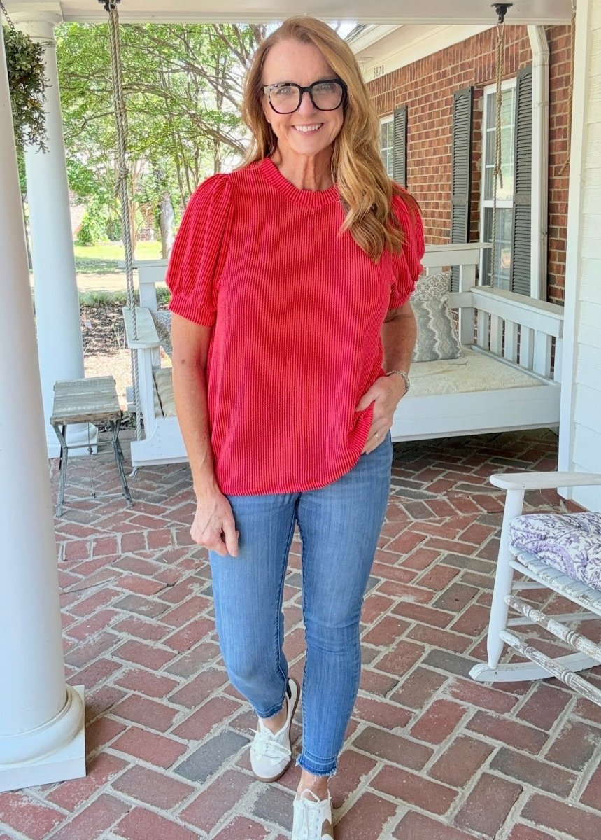 Red Raised Rib Puff Sleeve Top - Zenana Casual Top -Jimberly's Boutique-Olive Branch-Mississippi