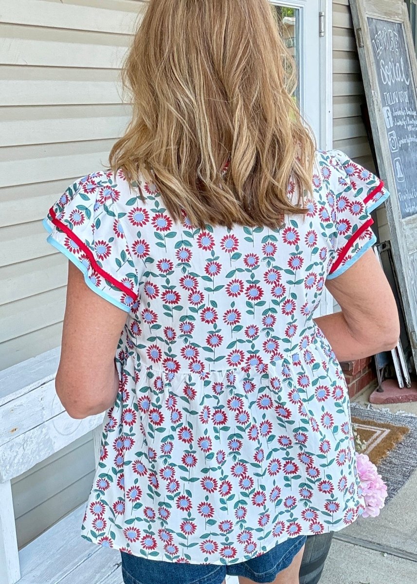 Red Sunflower Flutter Sleeve Top - blouse -Jimberly's Boutique-Olive Branch-Mississippi