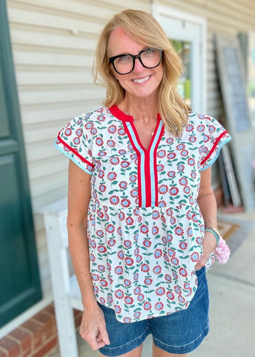 Red Sunflower Flutter Sleeve Top - blouse -Jimberly's Boutique-Olive Branch-Mississippi