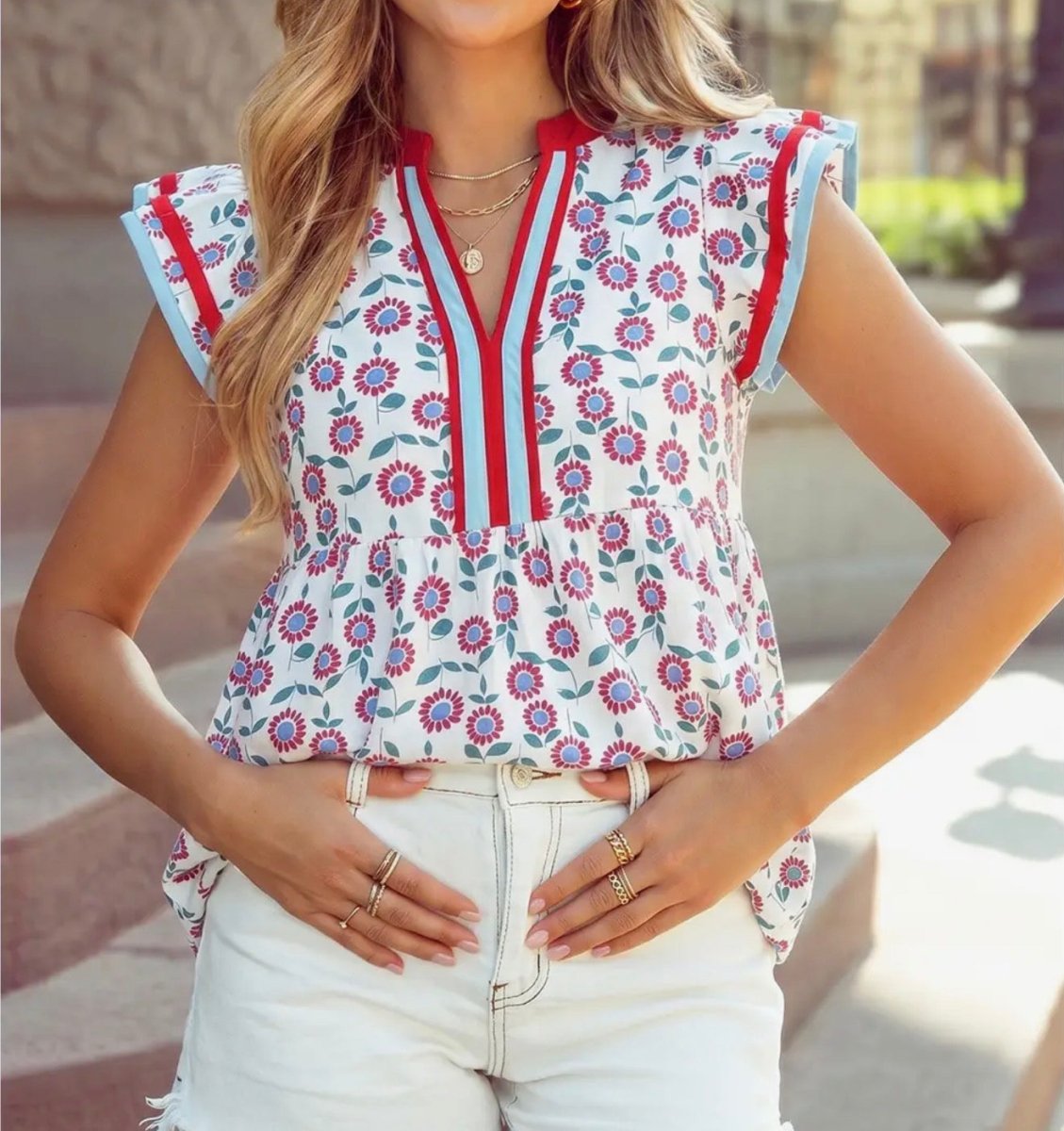 Red Sunflower Flutter Sleeve Top - blouse -Jimberly's Boutique-Olive Branch-Mississippi