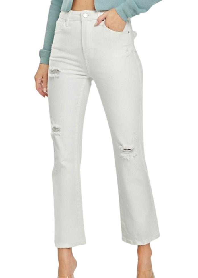 Risen Aurora White Tummy Control Distressed Straight Jeans - risen jeans - Jimberly's Boutique - Olive Branch - Mississippi